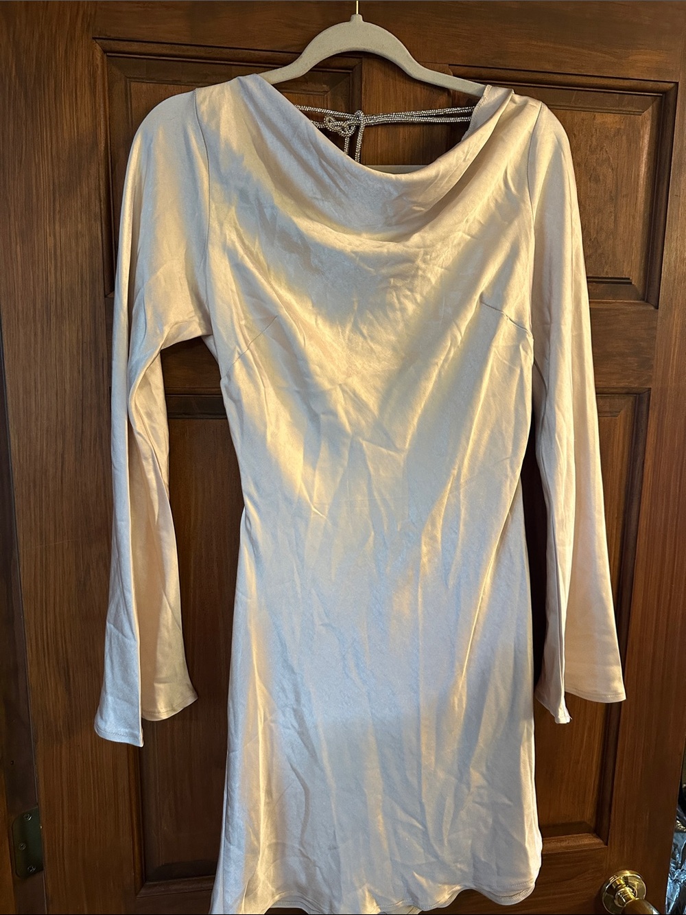 Women’s Long-Sleeve Mini Dress with Draped Neck in Cream